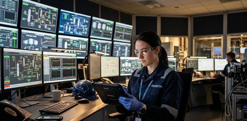 Process engineer reviewing real-time SCADA data on a tablet inside a chemical plant control room