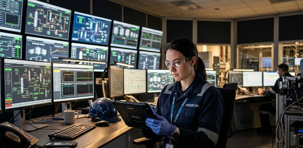 Process engineer reviewing real-time SCADA data on a tablet inside a chemical plant control room