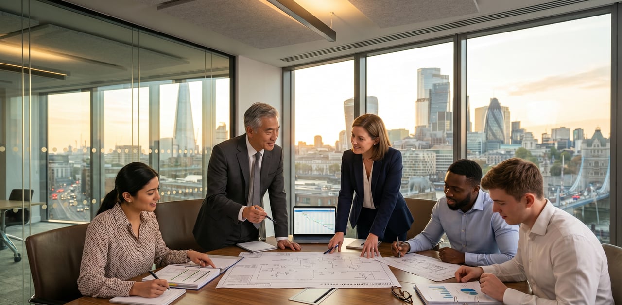 Client executive and consulting team collaborating around a boardroom table with engineering plans